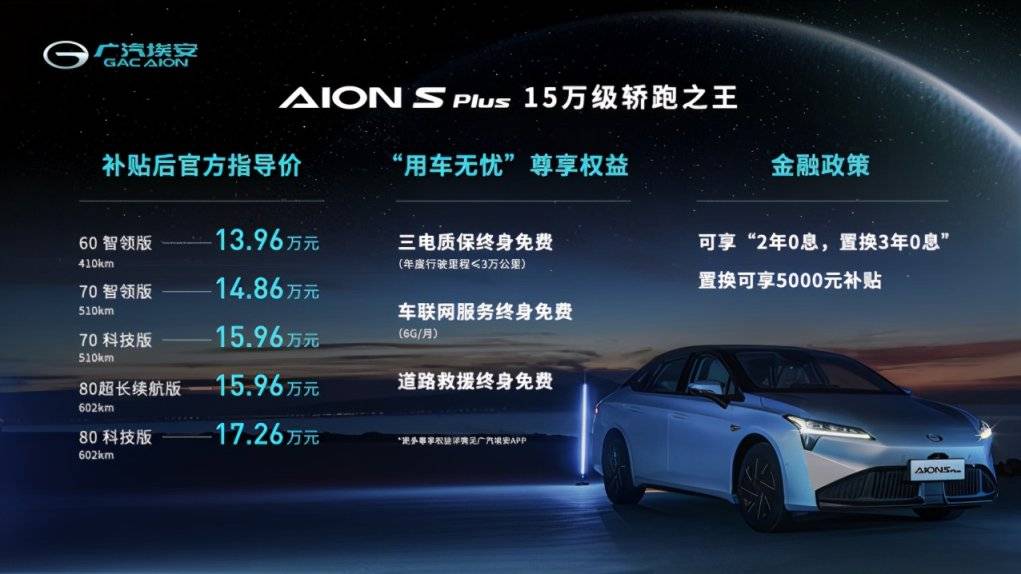 AION S Plus正式上市，续航最高602km+变色天幕，售13.96万元起