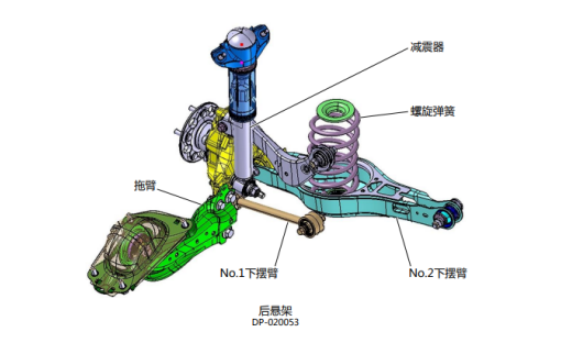 奕泽e进擎的后悬架为e型多连杆式独立后悬架,由多个连杆,减震器和